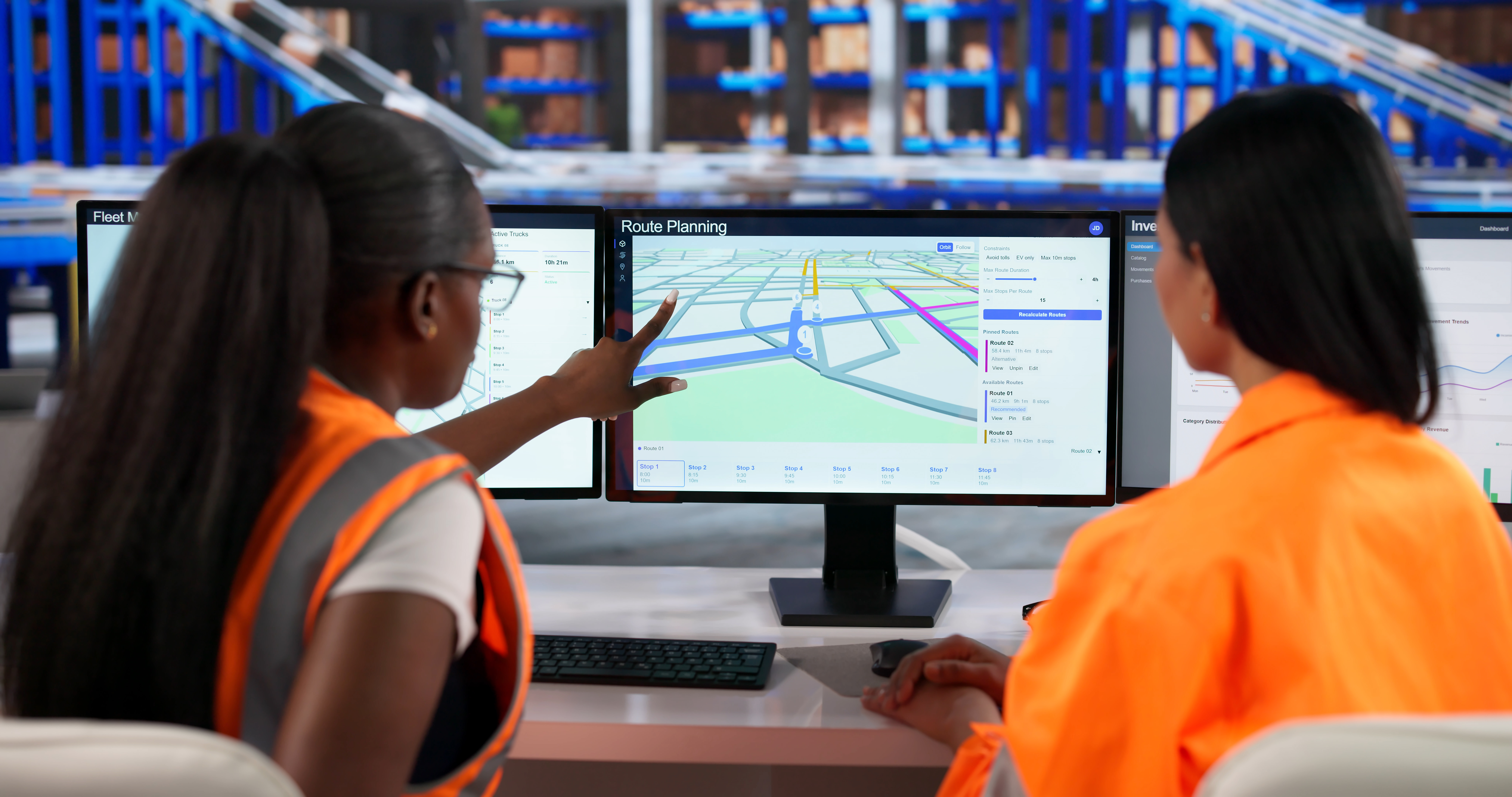 Warehouse Manager Uses Computer And GPS To Plan Delivery Routes Efficiently.